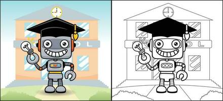 Coloring book or page of funny robot cartoon in graduation cap holding lightbulb on school building background vector