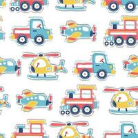 Seamless pattern vector of vehicles cartoon. Steam train, airplane, truck and helicopter