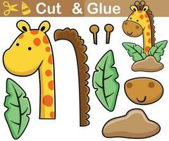 Vector illustration of funny giraffe cartoon hiding behind leaves and stone. Cutout and gluing