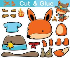 Vector illustration of funny fox cartoon in cowboy costume with bonfire. Cutout and gluing.