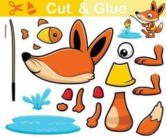 Vector illustration of fox cartoon fishing. Education paper game for children. Cutout and gluing