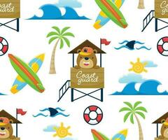 Seamless pattern vector of funny bear cartoon on lifeguard post with summer beach holiday elements