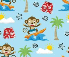 Seamless pattern vector of cartoon monkey surfboarding, summer beach vacation element