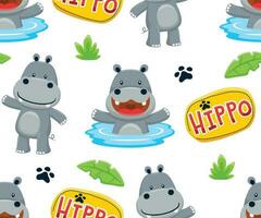 Seamless pattern vector of cartoon funny hippo, safari elements illustration