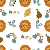 seamless pattern tiger head with various hand drawn elements vector