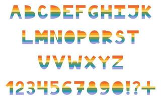 Vector collection of LGBT font in rainbow colors. Pride month alphabet. LGBTQ Letters and numbers. LGBT community text element set. Gay font.