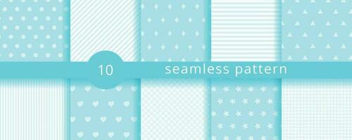 Scrapbook seamless background. Blue baby shower patterns. Set cute prints with circle, heart, rhombus, star, triangle, stripes. Geometric childish wrapping backdrop. vector