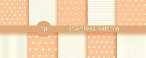 Scrapbook seamless background. Orange baby shower patterns. Set cute prints with circle, heart, rhombus, star, triangle, stripes. Geometric childish wrapping backdrop. vector