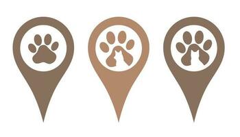 Location pin set. Pins indicating the location of a veterinary clinic, pet store, animal care center. Badges with paw prints, a silhouette of a dog and a cat. Vector illustration in a flat style