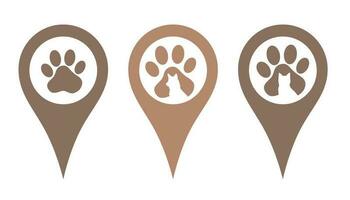 Location pin set. Pins indicating the location of a veterinary clinic, pet store, animal care center. Badges with paw prints, a silhouette of a dog and a cat. Vector illustration in a flat style