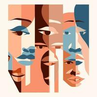 abstract people face art with different skin colors, multiracial, no racism, diversity vector