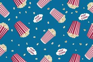 Seamless pattern with striped popcorn box, popcorn grains. Movie junk food. Vector