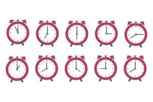 Set of red alarm clocks. Vector illustration in flat style isolated on white background.