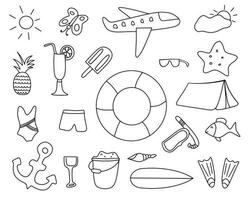 A set for a summer trip, hand-drawn in doodles. Flat vector illustrations on a white background. Vector