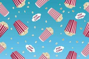 Seamless pattern with striped popcorn box, popcorn grains. Movie junk food. Vector