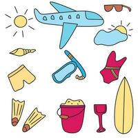 A set for a summer trip, hand-drawn in doodles. Flat vector illustrations on a white background. Vector