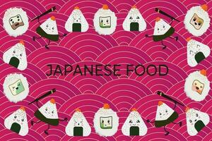 Vector illustration of Onigiri and sushi in the style of kawaii. Flat style.