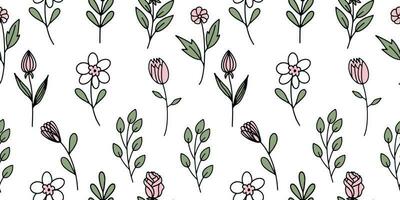 Seamless pattern with the image of spring flowers highlighted on a white background. Vector illustration.