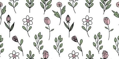 Seamless pattern with the image of spring flowers highlighted on a white background. Vector illustration.