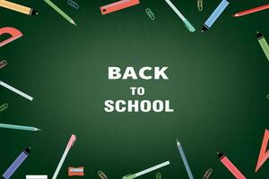 Background with school supplies on the blackboard. Back to school. Vector