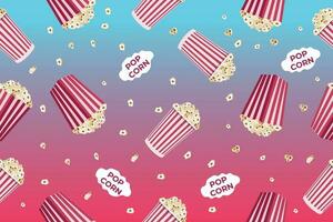 Seamless pattern with striped popcorn box, popcorn grains. Movie junk food. Vector