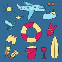 A set for a summer trip, hand-drawn in doodles. Flat vector illustrations on a white background. Vector