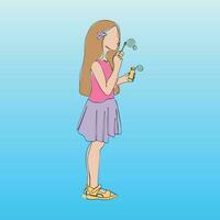 Little girl blowing soap bubbles. Vector sketch hand drawn with black lines, isolated on blue background. . Vector illustration