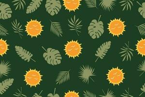 Seamless pattern of abstract leaves and the sun. Vector drawing of tropical leaves. Trendy botanical elements for your design. Vector.