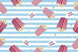 Seamless pattern with striped popcorn box, popcorn grains. Movie junk food. Vector