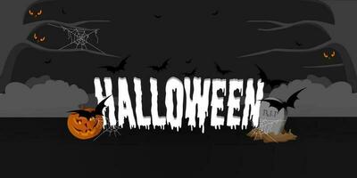 Happy Halloween banner with dead tree, fog over a cemetery with old tombstones, halloween pumpkin with lots of cobwebs and bats. Halloween vector illustration