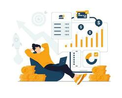 Passive income investment, Remote job, freelance work, woman relaxing in front of computer while money raining down. Financial freedom, easy money and investor concept illustration vector