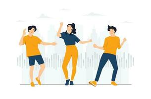 contento personas danza a música mientras escuchando a eso con auriculares y auriculares. conjunto de diverso moderno hombre y mujer bailando desde alegría y divertido concepto ilustración vector