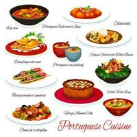 Portuguese seafood and fish dishes with desserts vector