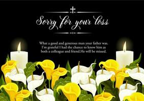 Funerary card template with candle and calla lily vector