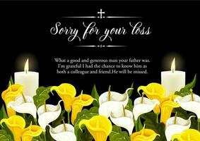 Funerary card template with candle and calla lily vector