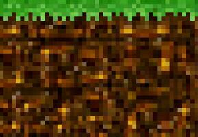 Cubic pixel game golden ore, grass, ground blocks vector