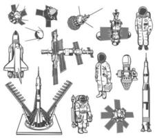 espacio vector íconos astronauta, cohete y satélite