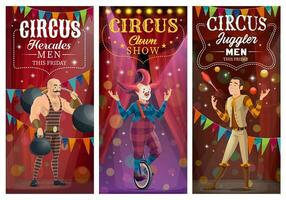Circus clown, juggler and strongman characters vector