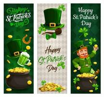 patricks día irlandesa duende oro, trébol pancartas vector