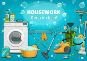 tareas del hogar untesiles y lavandería herramientas vector póster