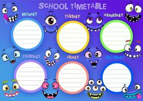 School timetable template, weekly classes schedule vector