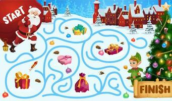 Christmas maze, labyrinth game with Santa and elf vector