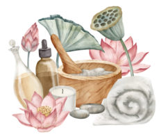 Mortar and Pestle with bodycare cosmetic and pink Lotus flowers. Hand drawn watercolor illustration on isolated background with towel and flacons for natural spa skin care. Product for cosmetology. png