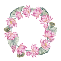 Lotus Flowers Wreath. Hand drawn watercolor illustration of circular Frame on isolated background. Round border with pink water Lily for wedding invitations or greeting cards. Waterlily backdrop. png