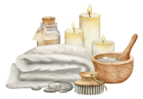 Spa cosmetics with towel, glass bottle and mortar. Hand drawn watercolor illustration for skin care salon. Bodycare beauty products with candles on isolated background. Eco brush for massage. png