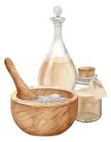 Mortar and pestle with vintage flacons. Hand drawn watercolor illustration of retro bottles for health care and medicine on isolated background. Eco cosmetic products for treatment and skincare. png