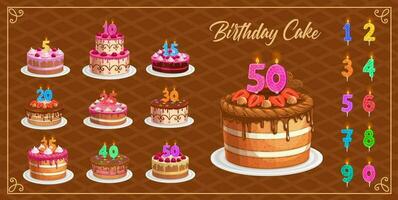 velas en cumpleaños pasteles con años números conjunto vector