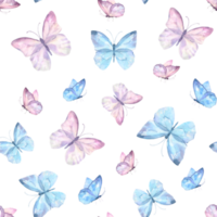 Cute butterflies hand drawn watercolor seamless pattern. Delicate blue and purple color butterflies, watercolor illustration.. Beautiful pastel creatures wallpaper design. png