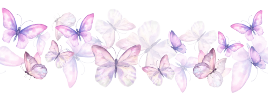 sömlös bordure med vattenfärg illustrerade delikat blå och rosa fjärilar. design för förpackning, märka och hälsning kort. png