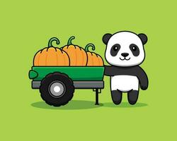 Cute panda cartoon character with pumpkins on the truck. Vector illustration.